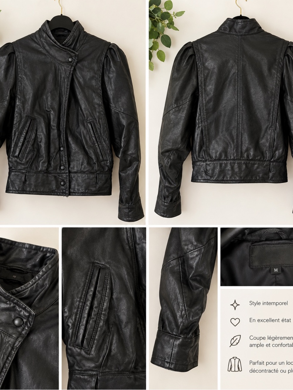 3M Thinsulate Black Leather Puff-Sleeve Jacket